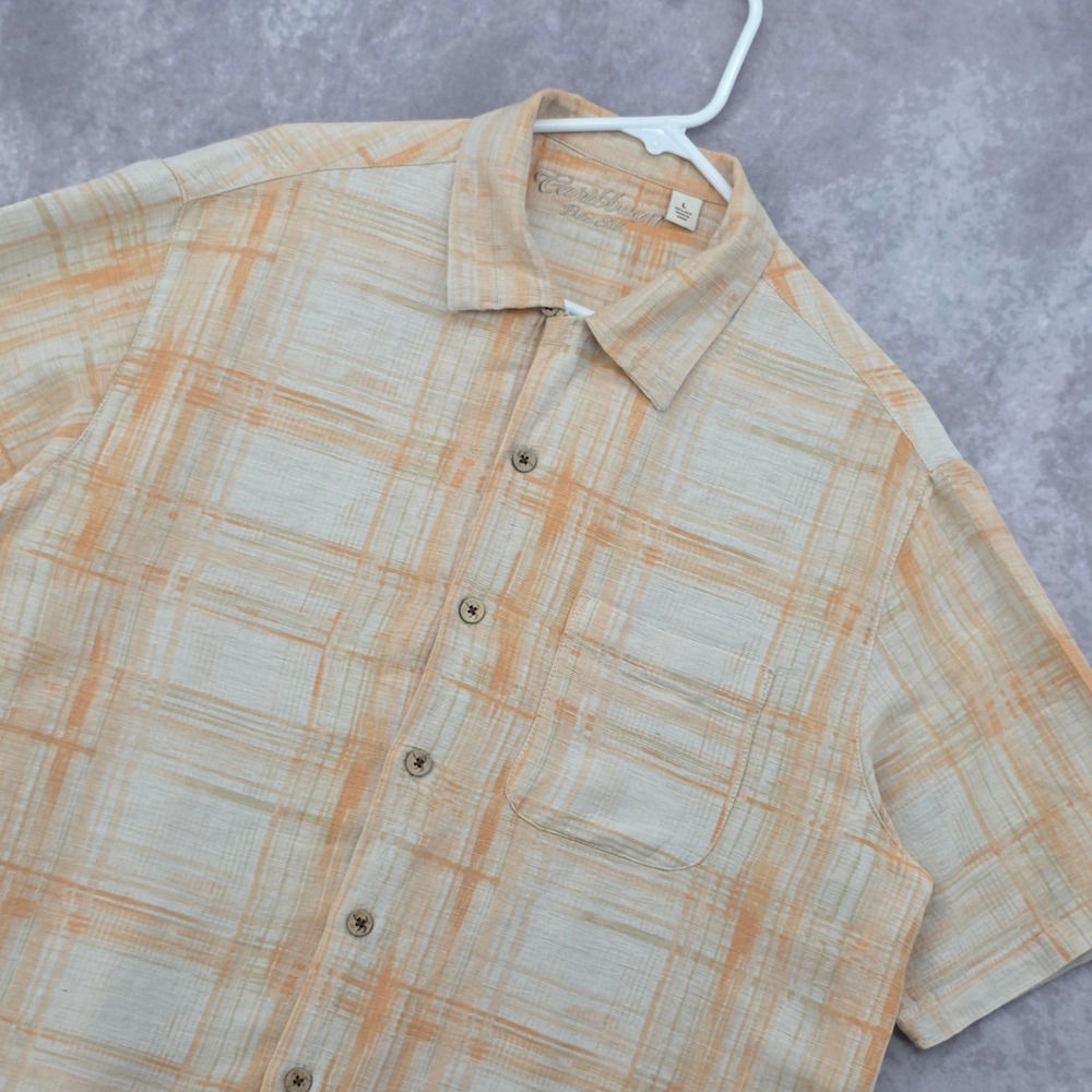 Caribbean Pure Silk Button Down Shirt Mens Large Orange Plaid Short Sleeve